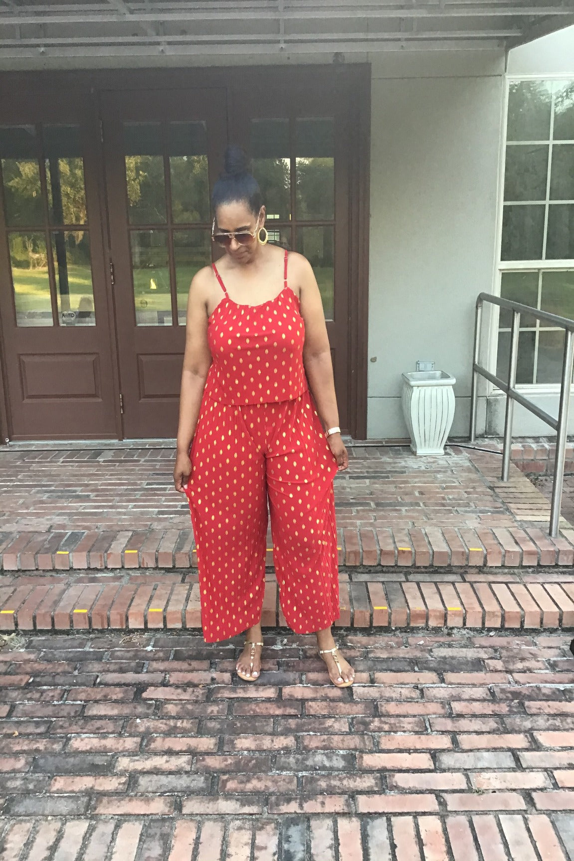 Gold Foil Polka Dots Jumpsuit - Red