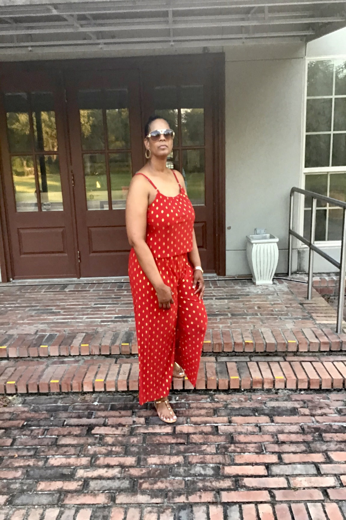 Gold Foil Polka Dots Jumpsuit - Red