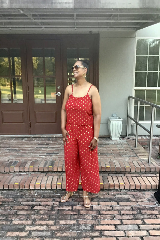 Gold Foil Polka Dots Jumpsuit - Red